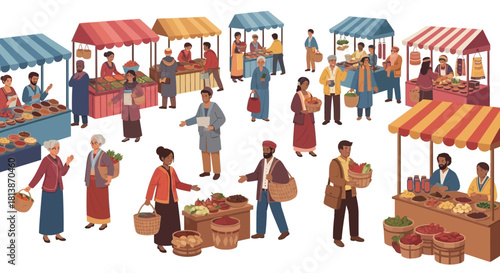 Illustration of people at a farmers market with stalls and produce.