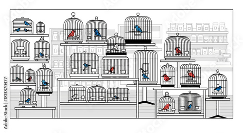 Many birdcages with birds inside are displayed on shelves and stands.