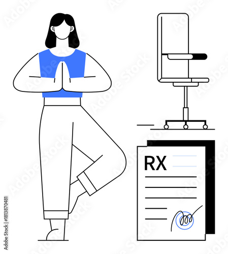 Woman in yoga pose beside an office chair and signed prescription document emphasizing work-life balance. Ideal for wellness, health, mindfulness, productivity, self-care, meditation, work-life