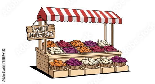Illustration of a market stall with various fruits and vegetables under a striped awning.