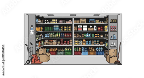 A pantry room with shelves stocked with food items and boxes on the floor.