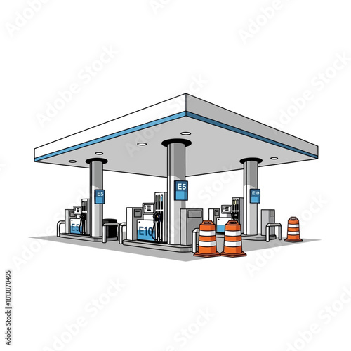 Gas station illustration with white background showing pumps and orange traffic barrels.