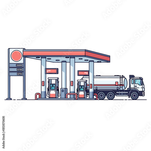 Gas station with fuel truck vector illustration on white background.