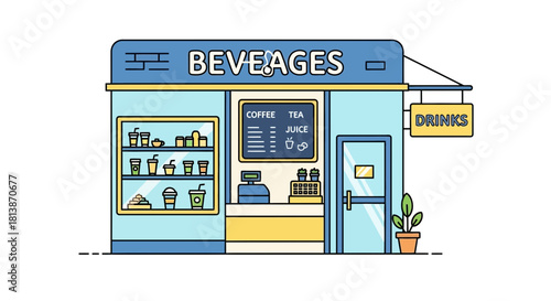 Cartoon beverage shop with menu board drinks and potted plant illustration.