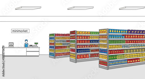 Supermarket interior illustration with shelves filled with products and a checkout counter.
