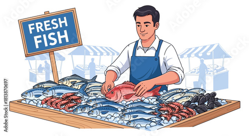 Man sells fresh fish at a market stall with a sign.
