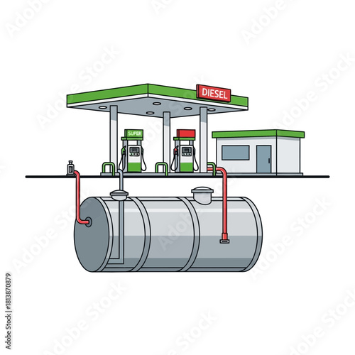 Gas station illustration with underground storage tank and pumps on white background.