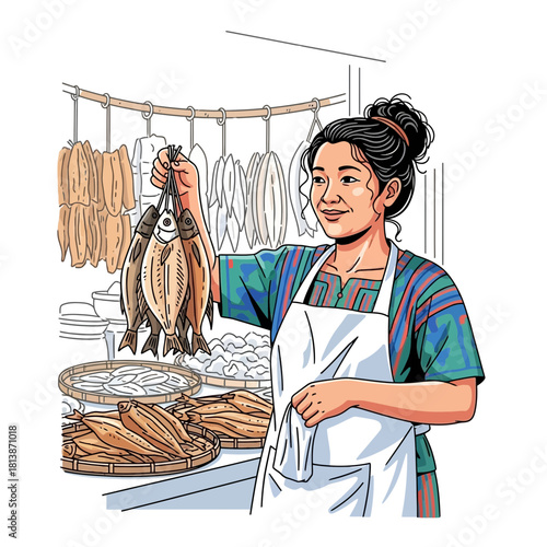 Woman in apron holds dried fish near hanging fish and jars.