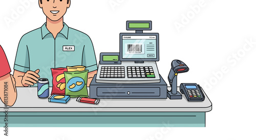 Cartoon illustration of a cashier at a checkout counter with various items.