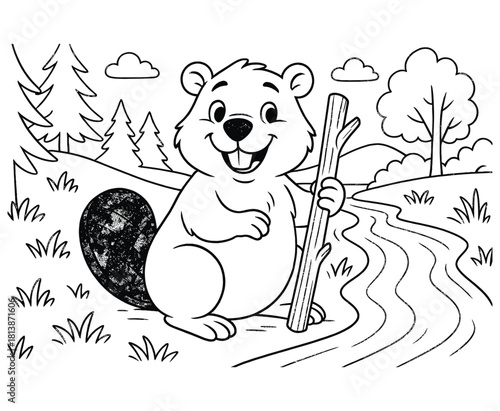 Cartoon Beaver Standing By River Holding Log in Forest Environment Outdoors