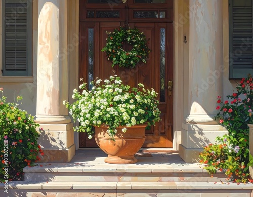 Elegant entryway of a home featuring flowers, architectural details and a wooden door