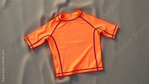rashguard. Neon surf rashguard laid flat on wet sand, material stretched. lifestyle magazines, social media lookbooks, designed for lifestyle magazines and social media content.