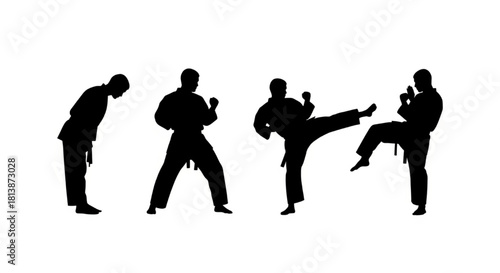 Karate Silhouette Vector of Martial Artist Performing Sequential Moves — Bow, Ready, High Kick, Block

