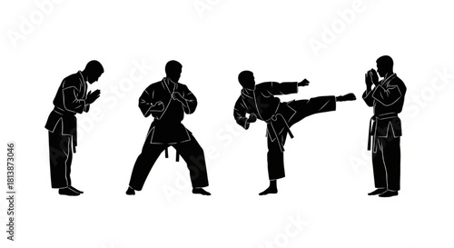 Karate Silhouette Vector of Martial Artist Performing Sequential Moves — Bow, Ready, High Kick, Block

