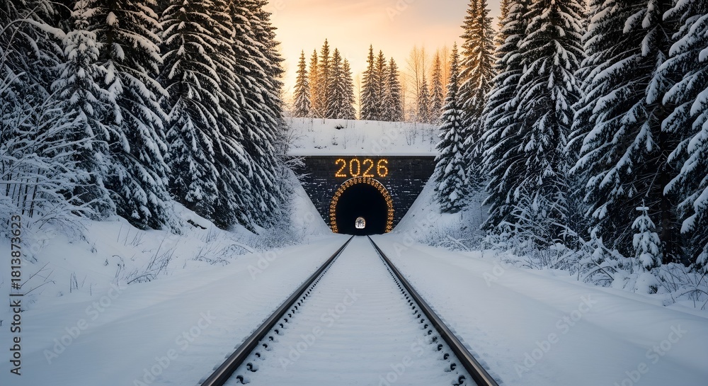 Fototapeta premium Snowy landscape shows train tracks leading to tunnel with lights reading 2026. Use for postcards, calendars, and New Year greetings.
