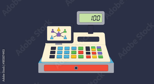 Cash register with display showing the total amount of 100.