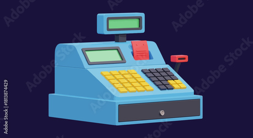 Cash register machine with display and keypad for transactions.