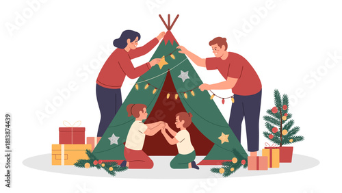 Festive Family's Holiday Tent: A heartwarming scene unfolds as a family unites, adorning a playful tent with twinkling lights and festive decorations. It's a joyful symbol of togetherness.