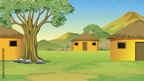 Soft golden light on an Asian village with a towering tree vector illustration ai generated art