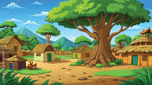 Warm sunset lighting a rural Asian village and sprawling tree vector illustration ai generated art