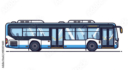 Articulated city bus side view white and blue on a white background.