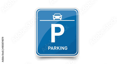 Blue parking sign with car icon and letter P on a white background.
