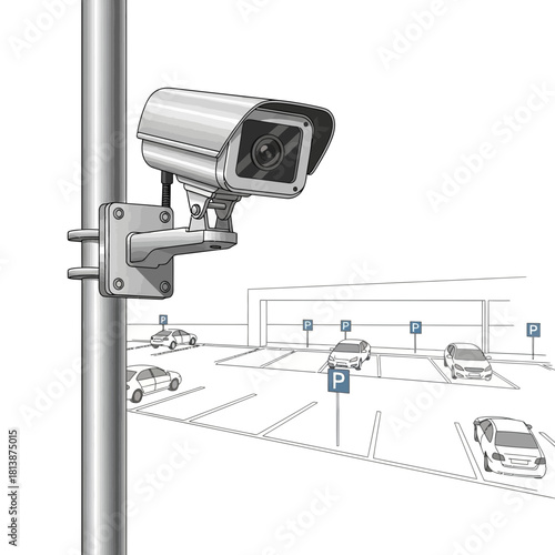 Security camera mounted on a pole overlooking a parking lot with cars.