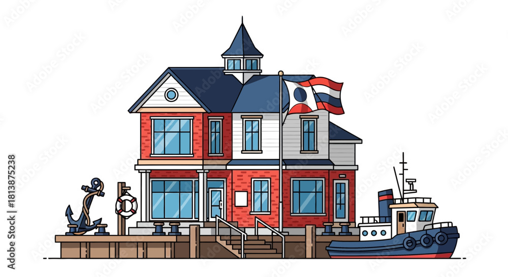 Fototapeta premium Cartoon house with tower flag boat and dock on a white background.