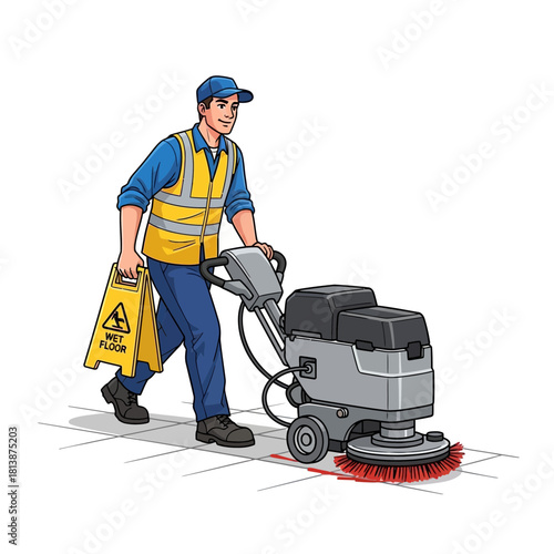 Man using floor cleaning machine holding wet floor sign wearing safety vest.