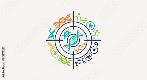 DNA helix in crosshairs representing genetic research and scientific discovery.