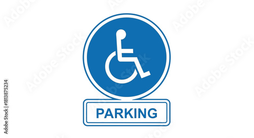 Sign with wheelchair symbol and the word parking on a white background.
