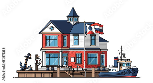 Cartoon house with tower flag boat and dock on a white background.