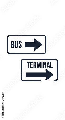 Two white signs with black text and arrows indicating bus terminal direction.