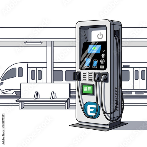 Electric vehicle charging station at a train station platform with train.