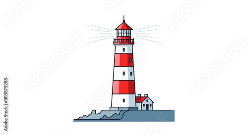 Red and white striped lighthouse on rocks with small building illustration.