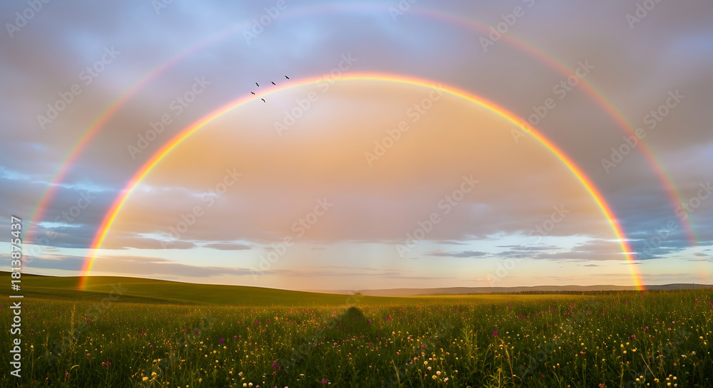 Naklejka premium rainbow over green field