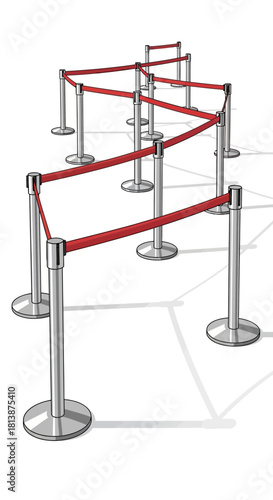 Queue barriers with red ropes and silver poles on a white background.
