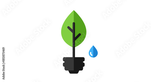 Green energy concept with plant growing from lightbulb and water droplet.