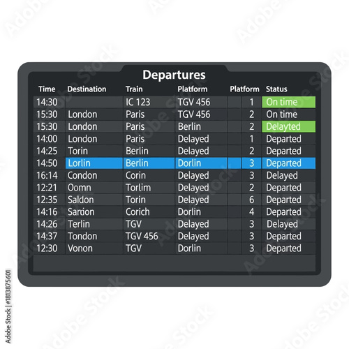 Airport departures board displaying flight information on a dark screen.