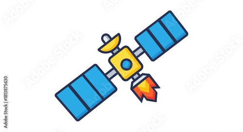 Illustration of a satellite in outer space with solar panels and thrusters.