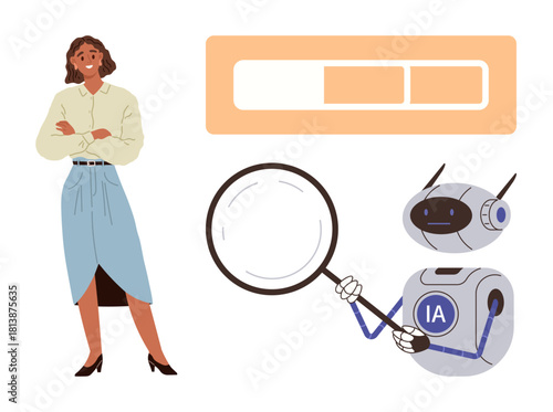 Woman standing confidently, AI robot holding a magnifying glass examining information, and a progress bar graphic. Ideal for teamwork, technology, innovation, digital search, collaboration, AI