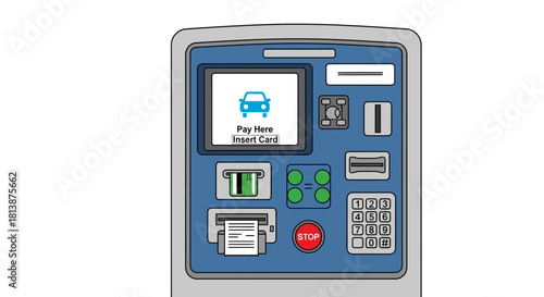 Parking payment machine with screen buttons and qr code against white background.