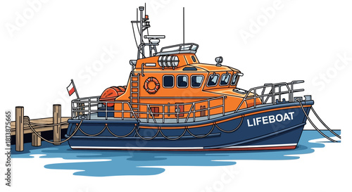 Orange and blue lifeboat docked next to a pier illustration on water.