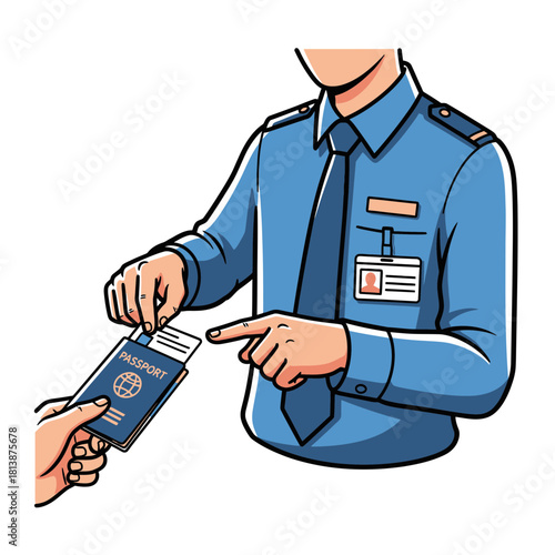 Security guard checks a passport held by a hand blue uniform tie.