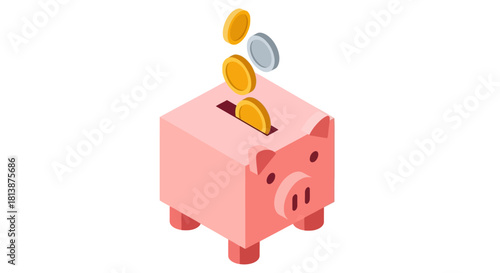 Isometric Piggy Bank with Falling Coins.