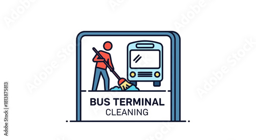 A stylized illustration of a person sweeping near a bus terminal.