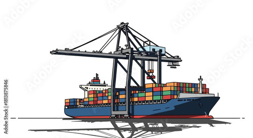 Cargo ship with containers under a large crane isolated on white background.