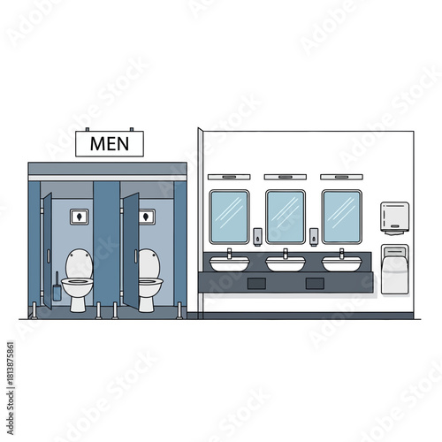 Men's restroom illustration showing stalls sinks mirrors and paper towel dispenser.
