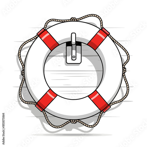 White life buoy with red stripes and gray rope isolated on white background.