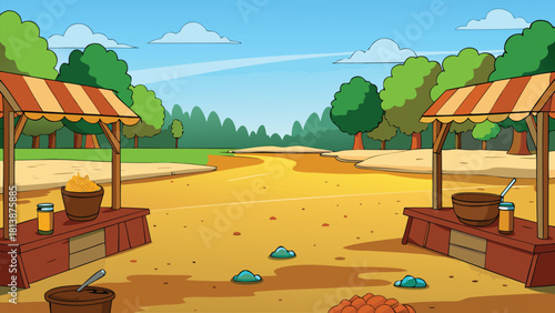 Warm sunset casting long shadows across a deep Asian riverside village, huge tree glowing with rim light vector illustration ai generated art